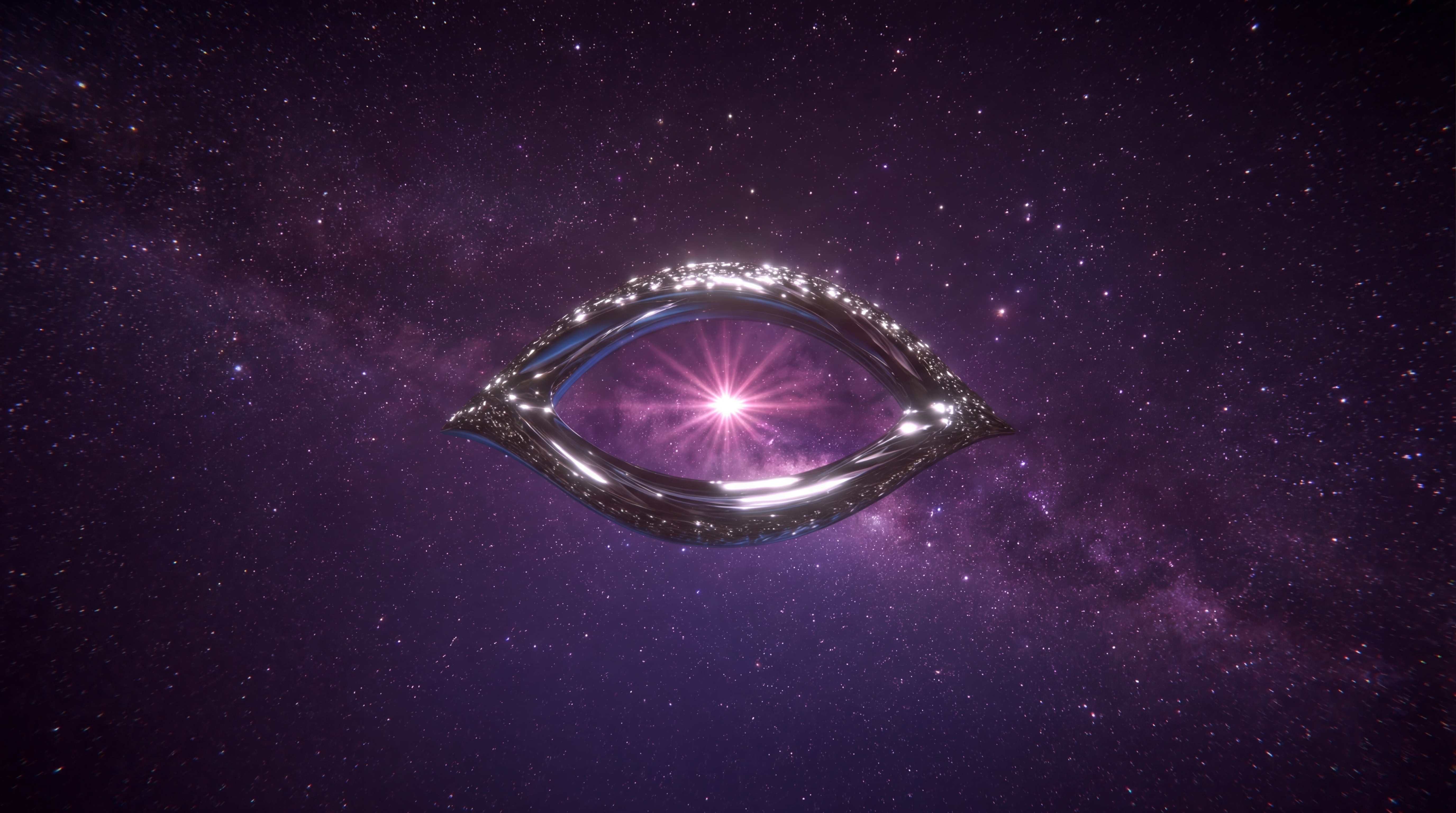 Chrome cosmic eye with glowing starburst center in purple space
